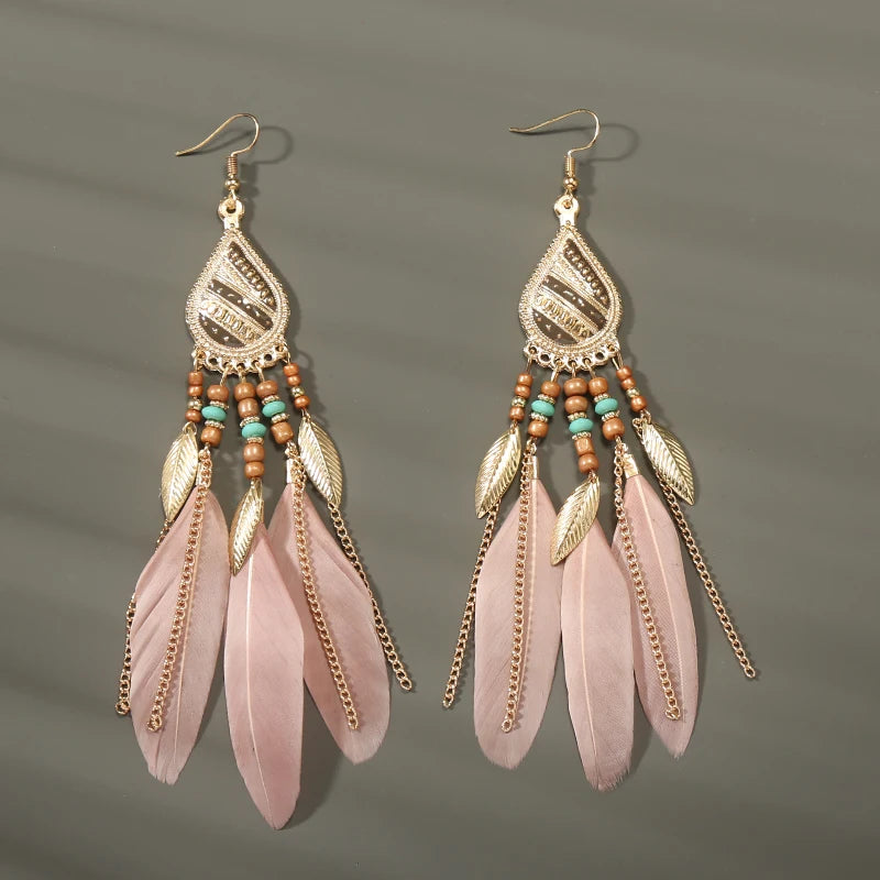 Tinkers Boho Long Feather Dangle Earrings For Women Beach Beads -