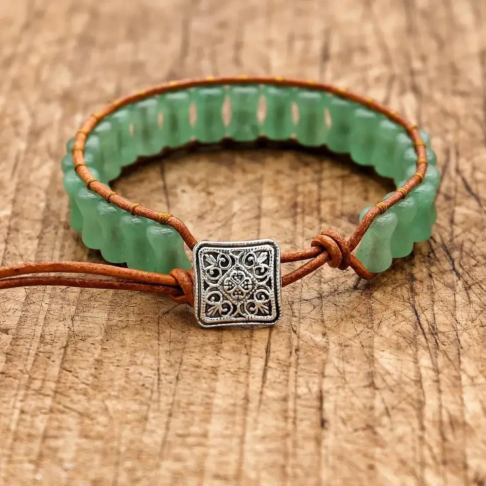 Handmade Boho Leather Wrap Bracelet with Natural Picasso Stone