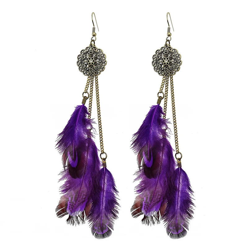 Tinkers Bohemian Feather Earrings For Women Vintage Ethnic Chain -