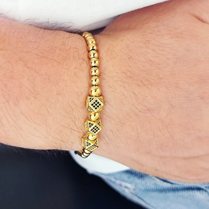 18K Gold-Plated Stainless Steel Beaded Bracelet – Unisex Couple Jewelry