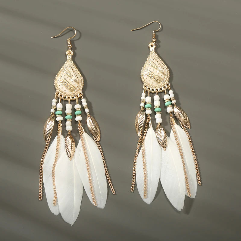 Tinkers Boho Long Feather Dangle Earrings For Women Beach Beads -