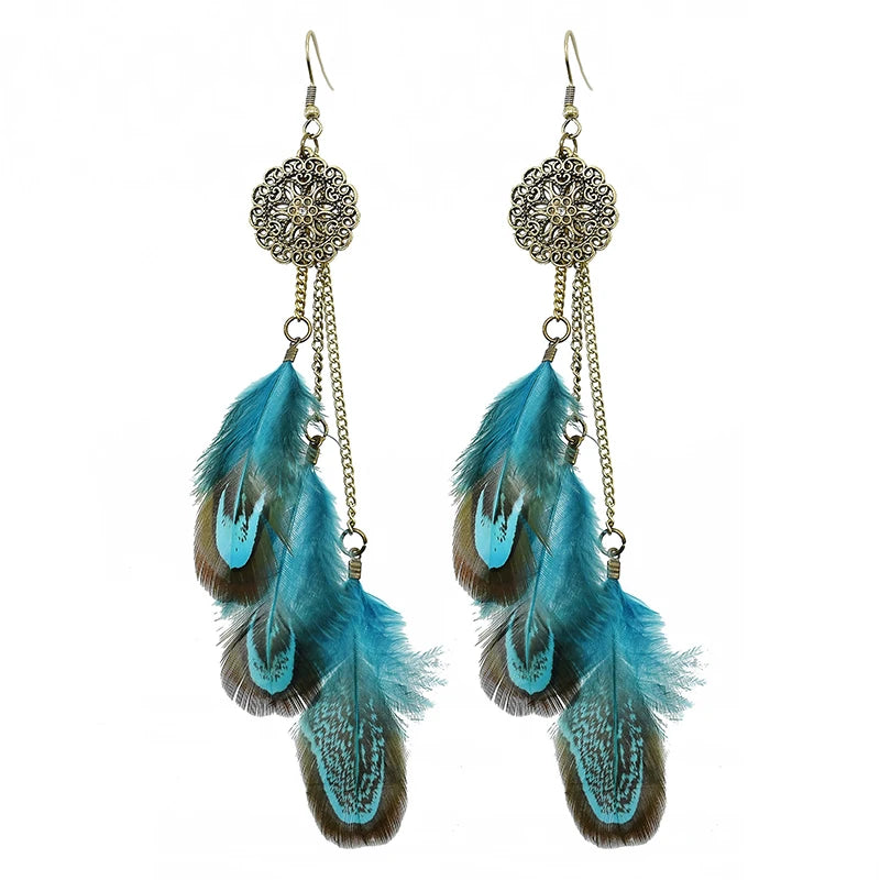 Tinkers Bohemian Feather Earrings For Women Vintage Ethnic Chain -