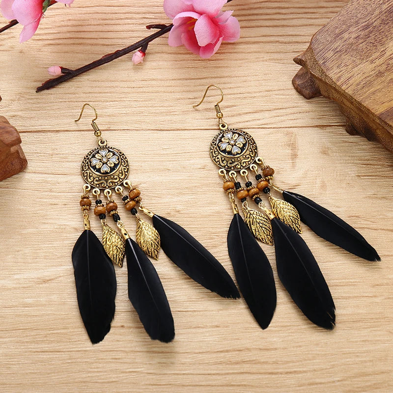Tinkers Bohemian Feather Tassel Earrings For Women Long Carved Leaf - Apparel & Accessories > Jewelry > Earrings