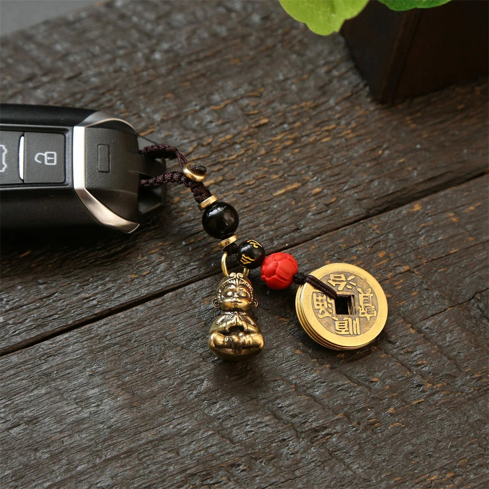 Tinkers Vintage Brass Monkey Keychain Handmade Braided Rope Amulet -