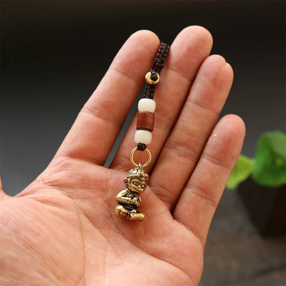 Tinkers Vintage Brass Monkey Keychain Handmade Braided Rope Amulet -