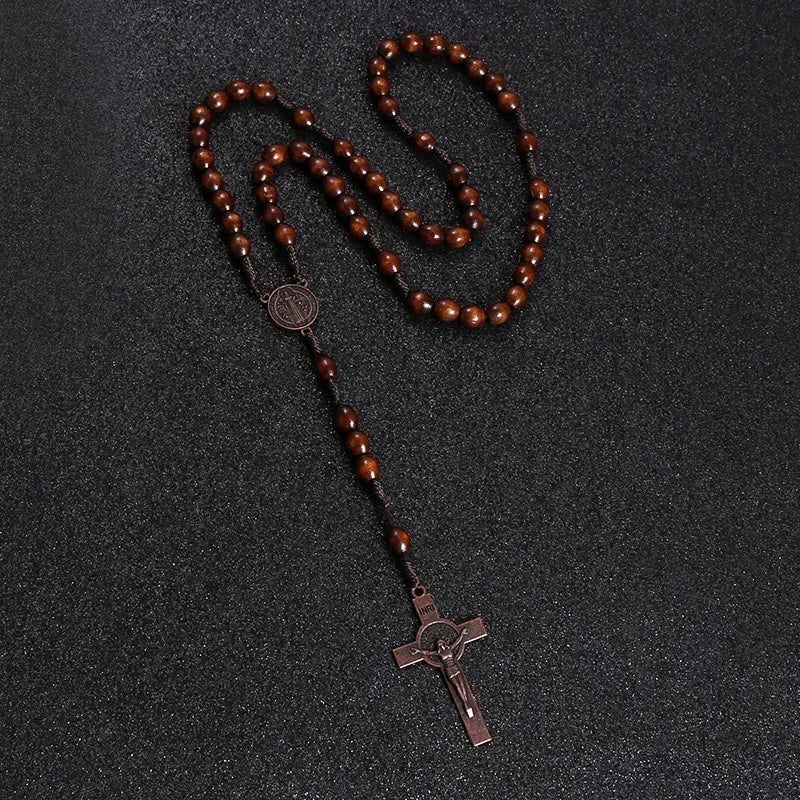 Rosewood Rosary Bead Necklace — Cross Pendant, Handmade Religious Jewelry
