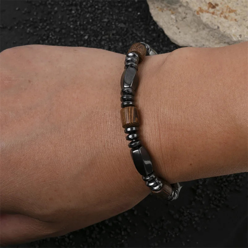 Women's Black Hematite & Wood Bead Bracelet | Handmade Elastic Stretch | Health Jewelry