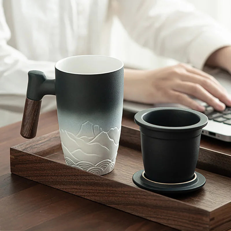 Retro Ceramic Tea Mug — Large 300ml with Lid & Wooden Handle
