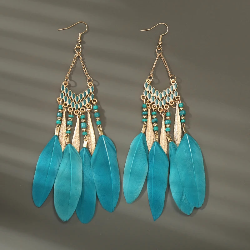Tinkers Boho Long Feather Dangle Earrings For Women Beach Beads -