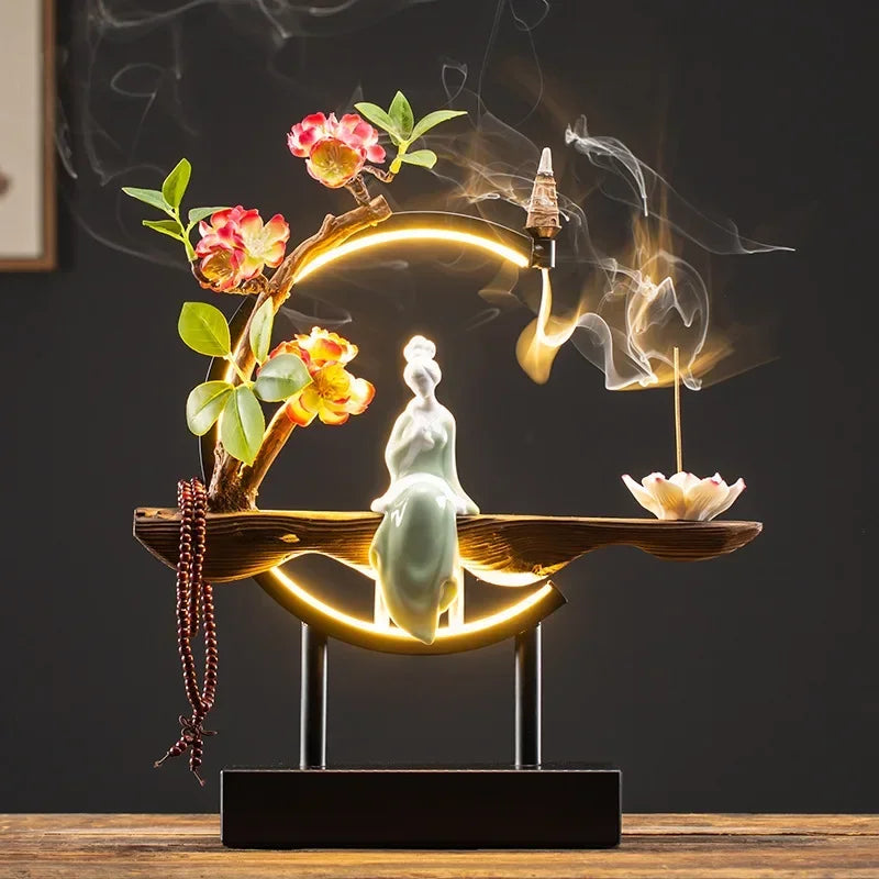 Tinkers Chinese Style Backflow Incense Burner LED USB Ceramic Lotus -