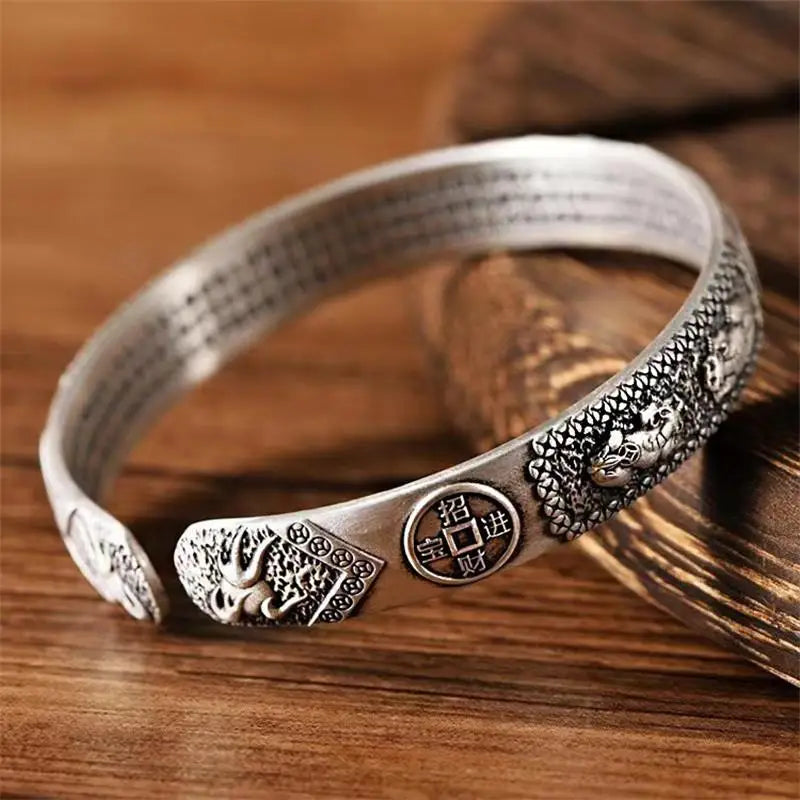 Pixiu Heart Sutra Bracelet — Copper Coin Wealth Charm | Thai Silver