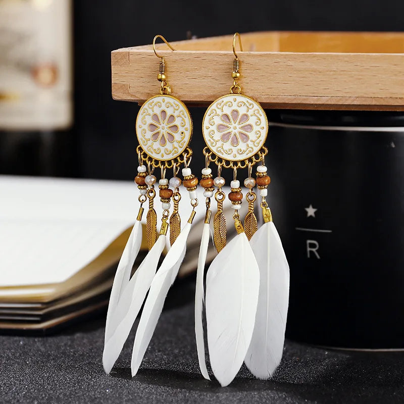 Tinkers Boho Long Feather Dangle Earrings For Women Beach Beads -