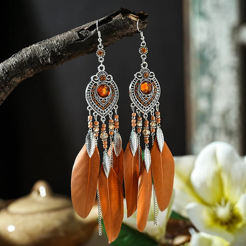 Tinkers Bohemian Brown Feather Earrings For Women Handmade Jewelry -