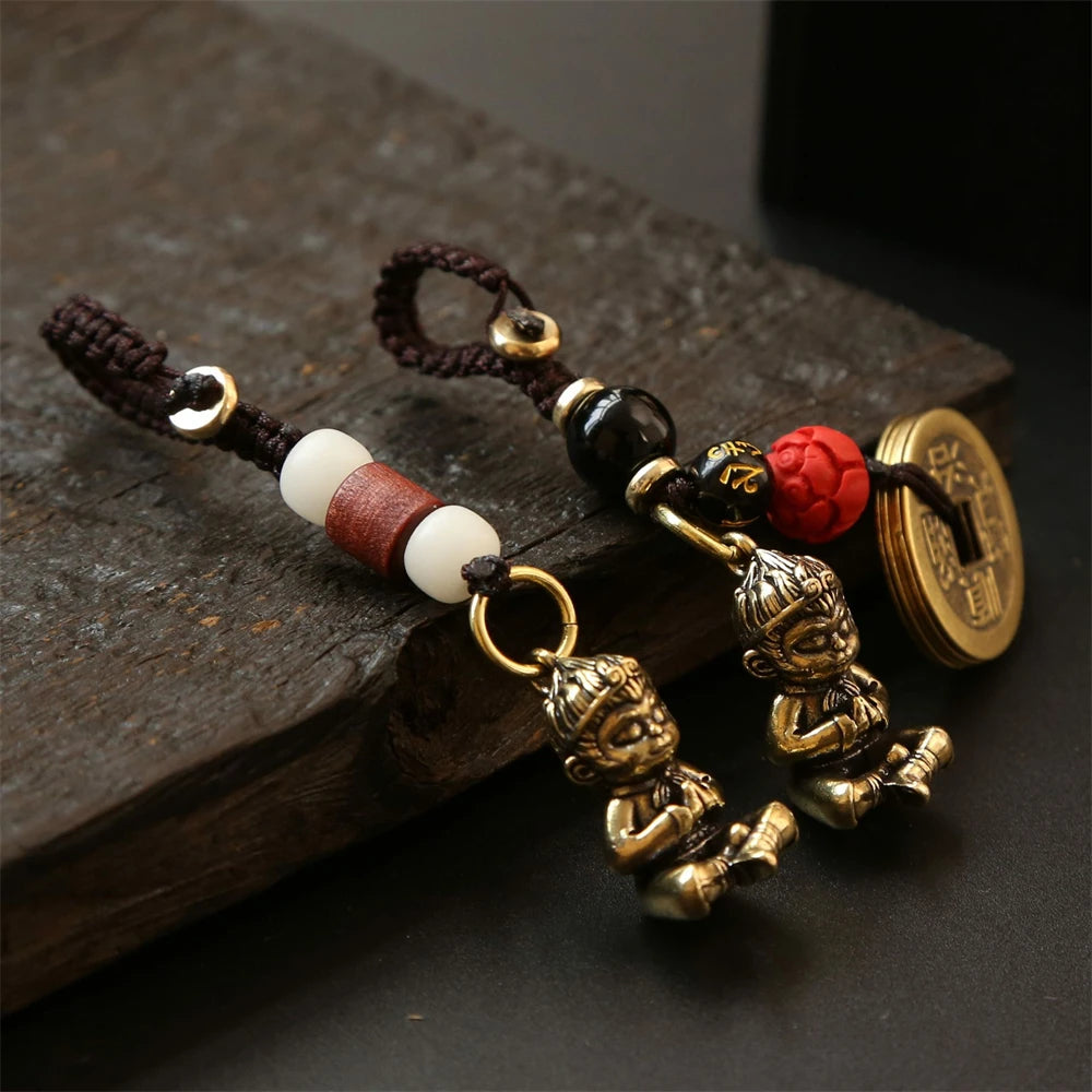 Tinkers Vintage Brass Monkey Keychain Handmade Braided Rope Amulet -