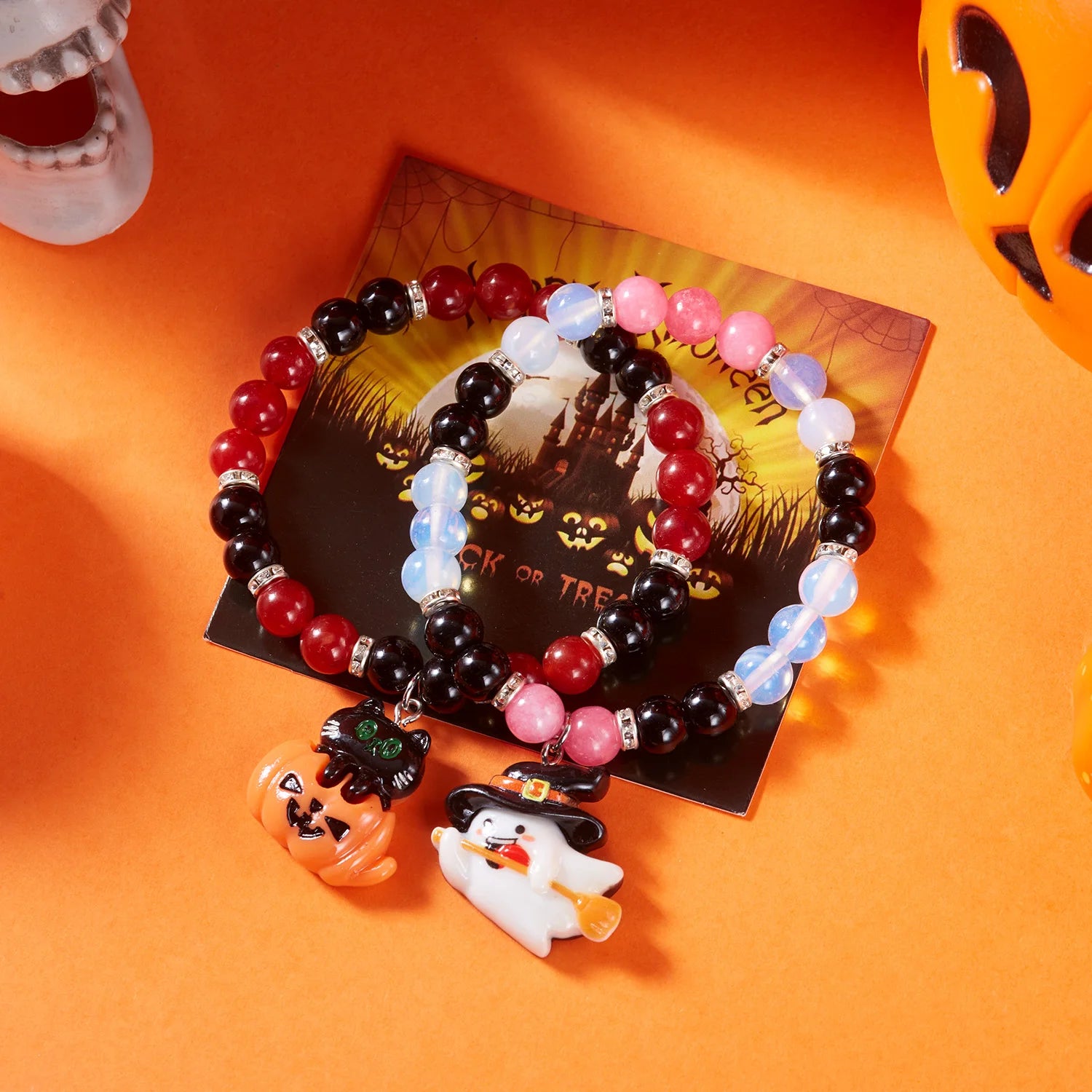 Halloween Ghost Pumpkin Cat Pendant Crystal Bracelet Energy