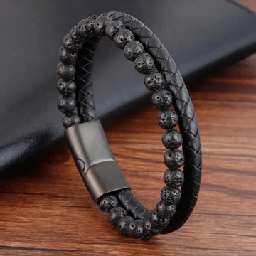 Unisex Leather Natural Lava Stone Tiger Eye Bead Bracelet