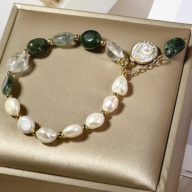 Elegant Handcrafted Pearl and Green Crystal Bracelet by Tinkers for Women Healing Energy