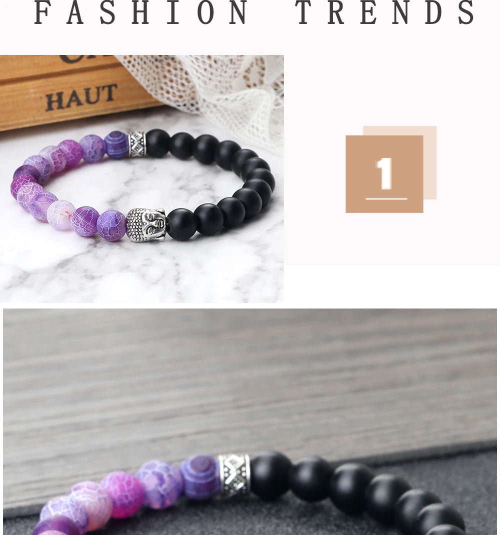Tibetan Buddha Head Natural Stone Bracelet – 8mm Tiger Eye, Lava & More