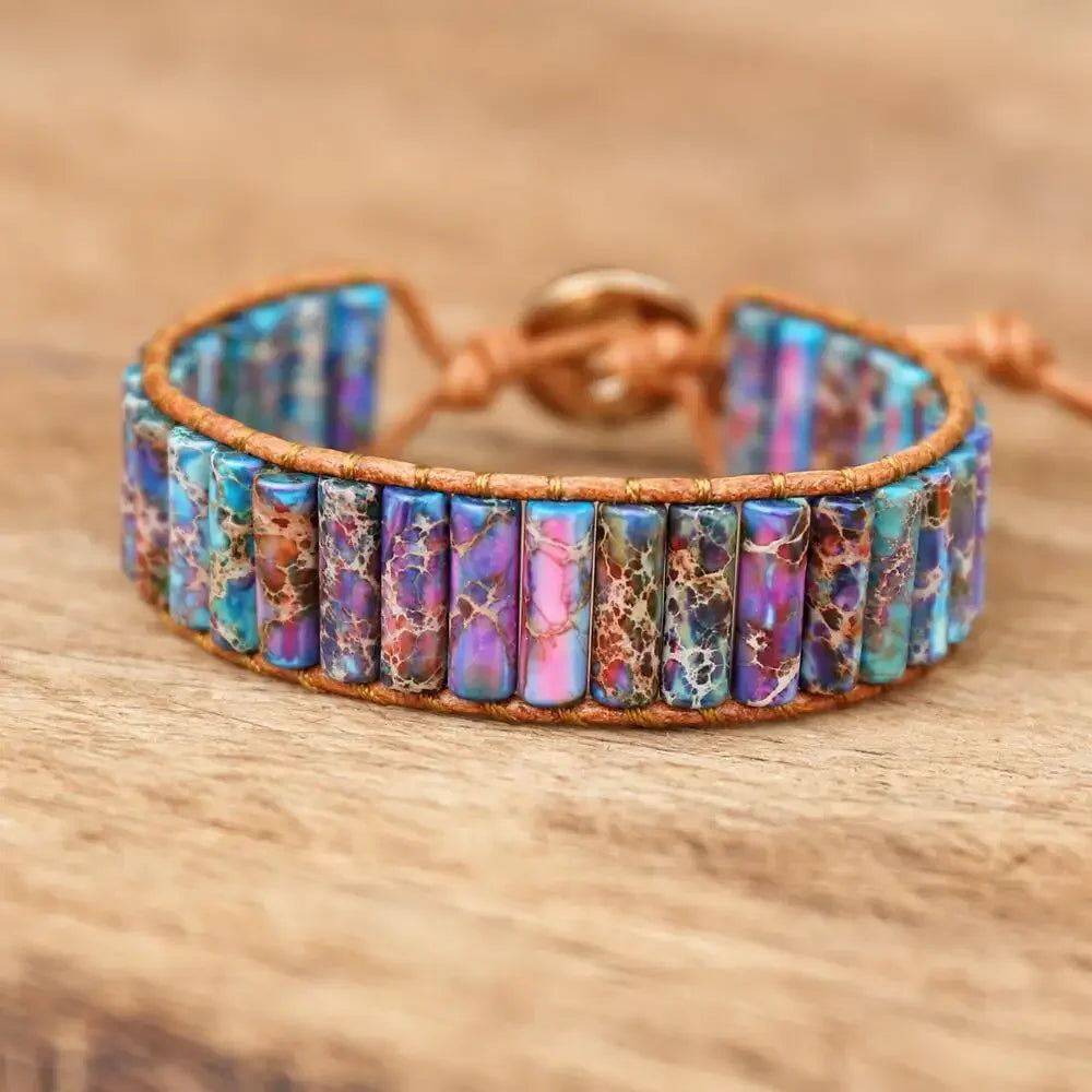 Handmade Boho Leather Wrap Bracelet with Natural Picasso Stone