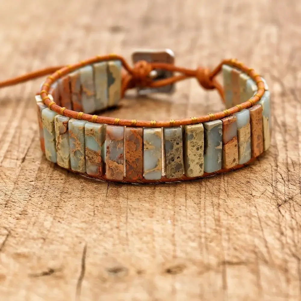Handmade Boho Leather Wrap Bracelet with Natural Picasso Stone