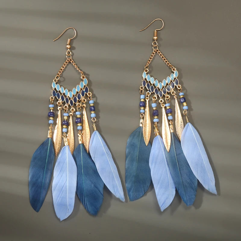 Tinkers Boho Long Feather Dangle Earrings For Women Beach Beads -