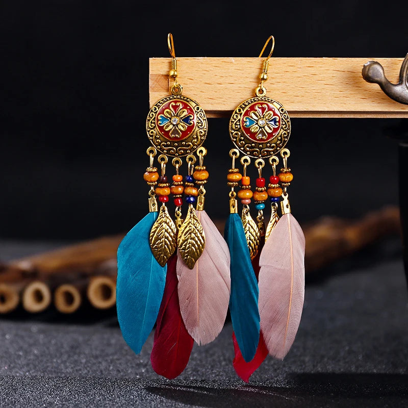 Tinkers Bohemian Feather Tassel Earrings For Women Long Carved Leaf - Apparel & Accessories > Jewelry > Earrings