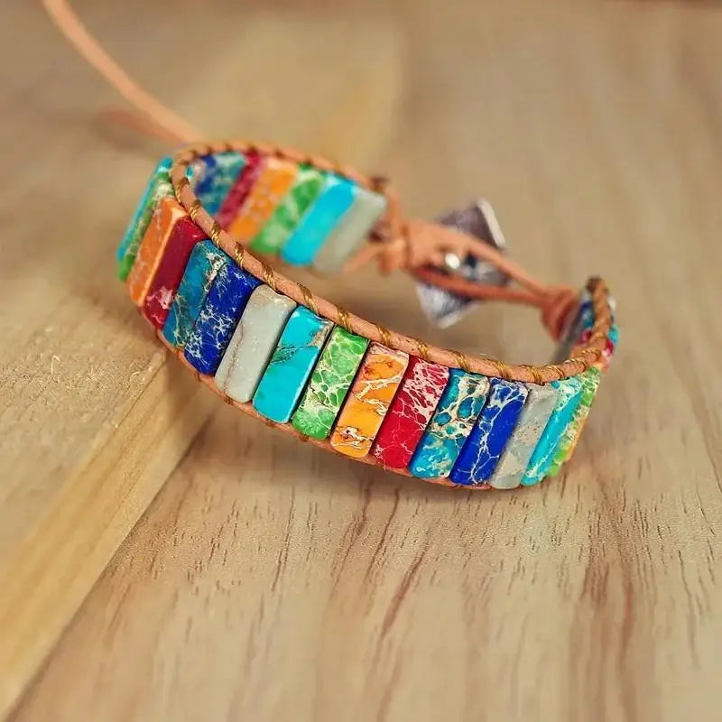 Handmade Boho Leather Wrap Bracelet with Natural Picasso Stone