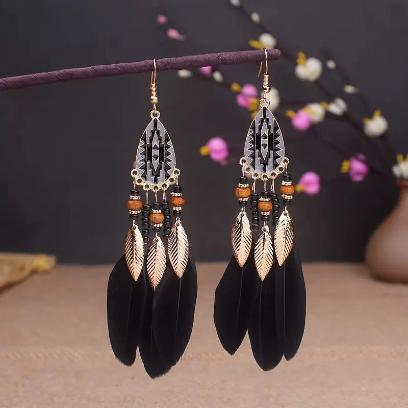 Tinkers Boho Long Feather Dangle Earrings For Women Beach Beads -