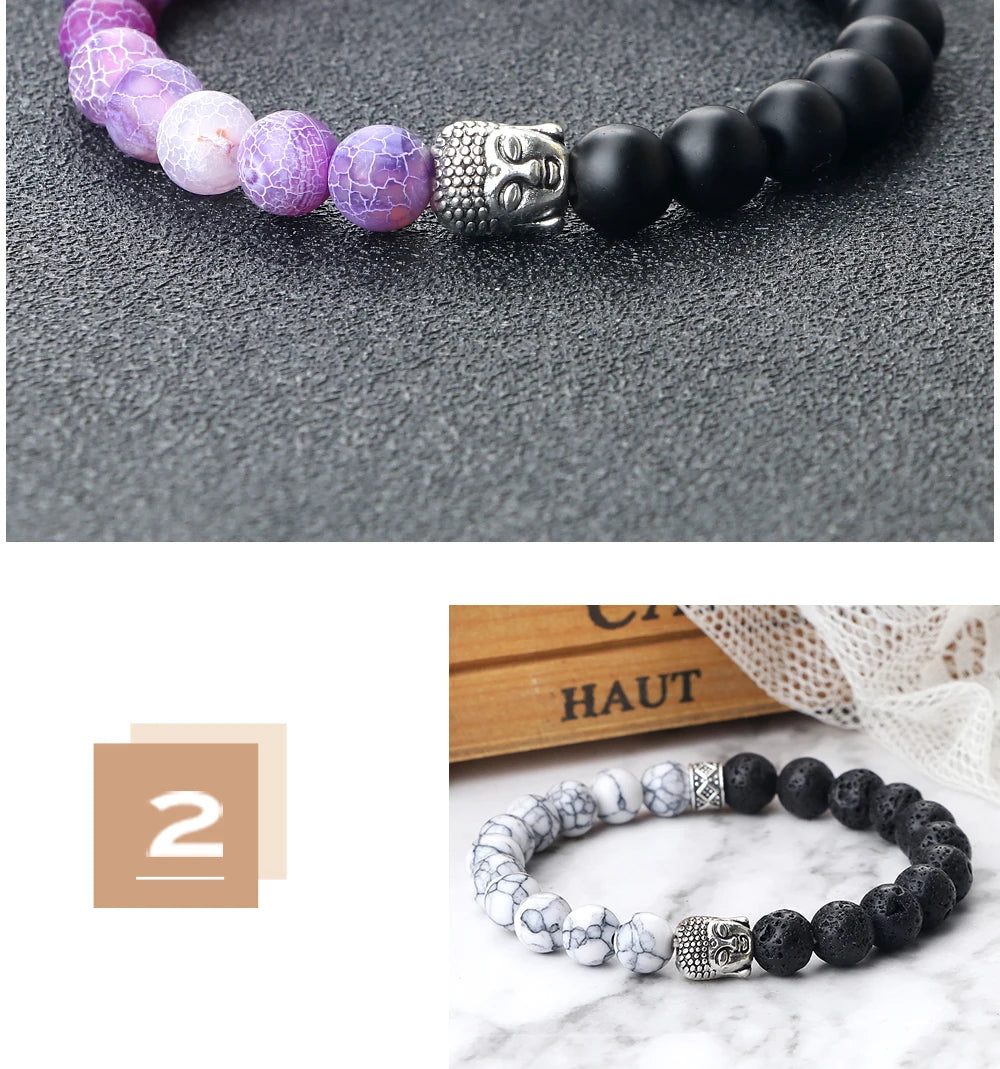 Tibetan Buddha Head Natural Stone Bracelet – 8mm Tiger Eye, Lava & More