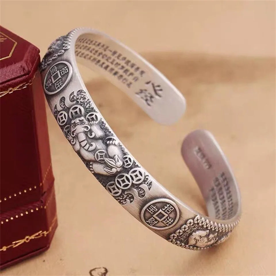 Pixiu Heart Sutra Bracelet — Copper Coin Wealth Charm | Thai Silver
