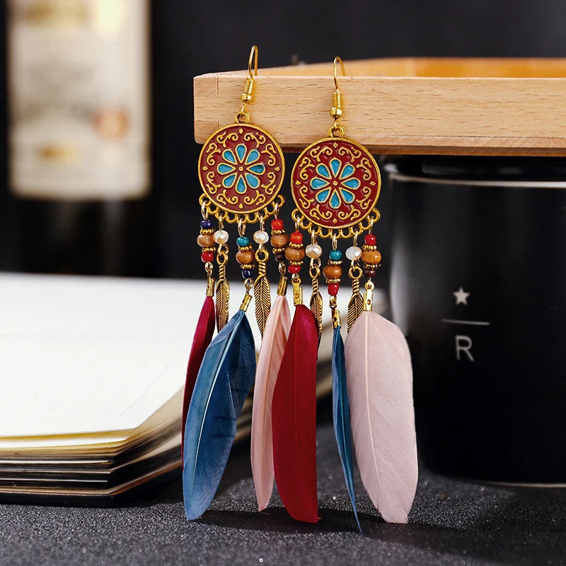 Tinkers Boho Long Feather Dangle Earrings For Women Beach Beads -