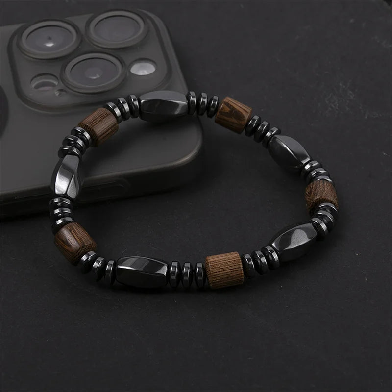 Women's Black Hematite & Wood Bead Bracelet | Handmade Elastic Stretch | Health Jewelry