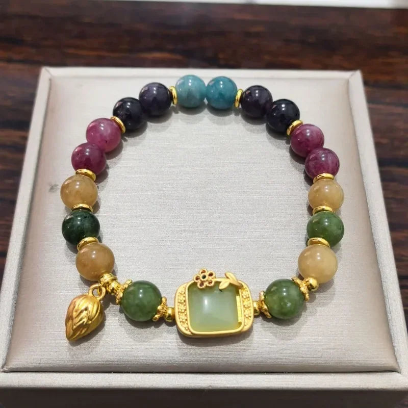 Tinkers Natural Jade Agate Bracelet 18K Gold Plated Flower Design -