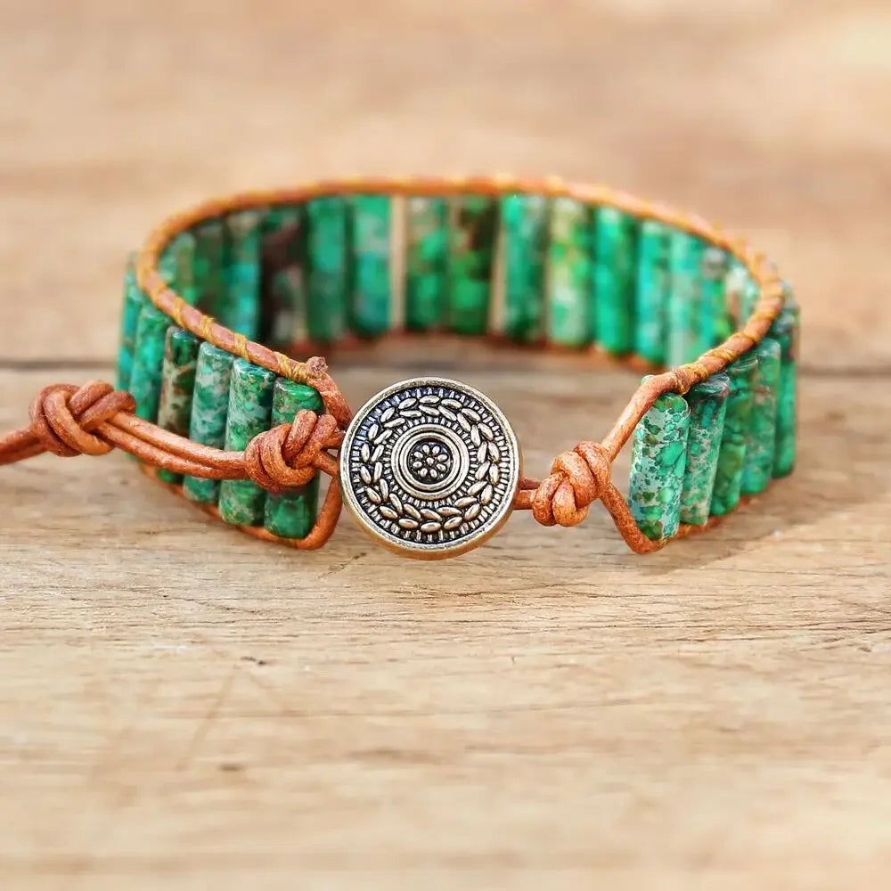 Handmade Boho Leather Wrap Bracelet with Natural Picasso Stone