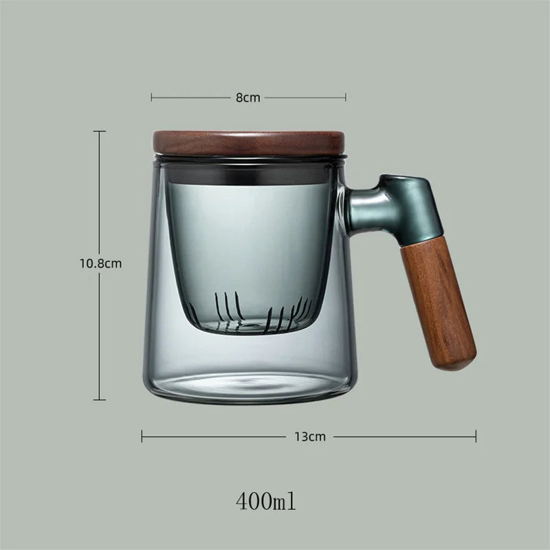 Glass Tea Cup with Walnut Wooden Handle, Lid & Filter — 400ml