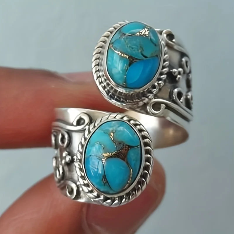 Turquoise Wrap Ring — Silver-Plated Boho Cocktail Ring for Women