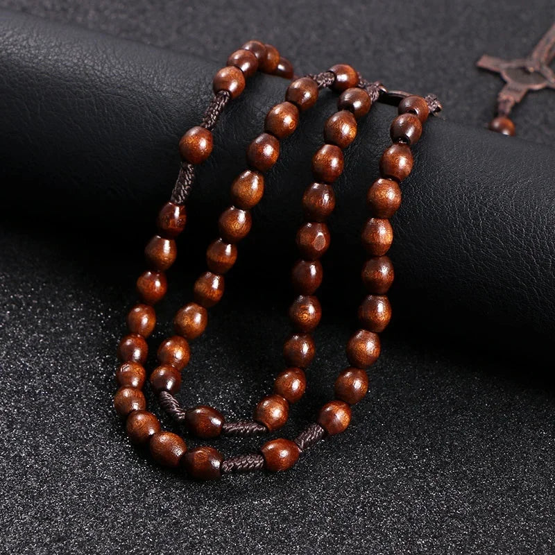 Rosewood Rosary Bead Necklace — Cross Pendant, Handmade Religious Jewelry