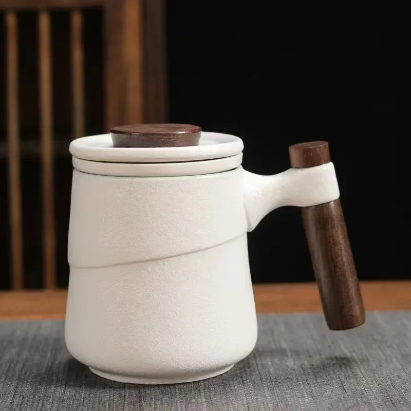 Black Ceramic Cup Wooden Handle Filter Tea Cup Ceramic Mug Creative Office Retro Water Cups and Mugs China Set Birthday Gift Box