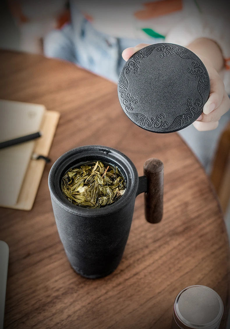 Retro Ceramic Tea Mug — Large 300ml with Lid & Wooden Handle