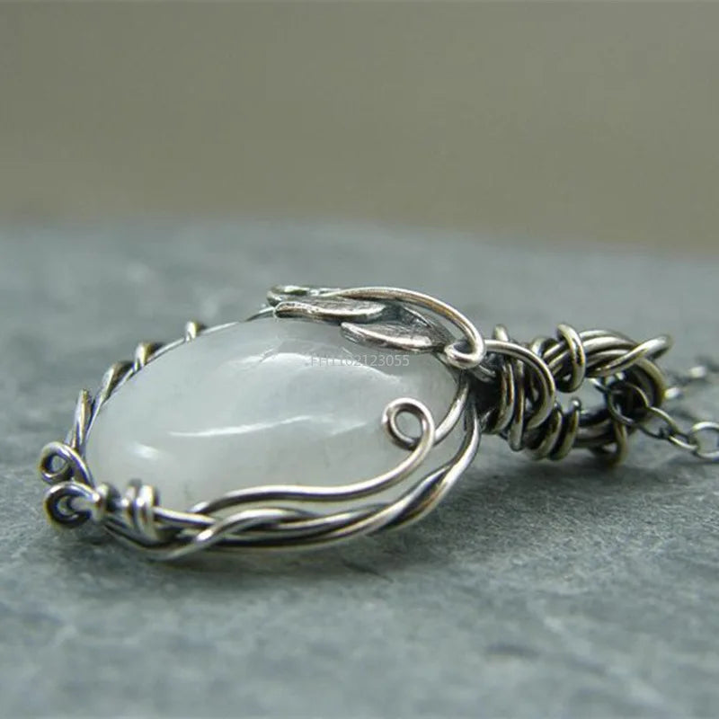 Pendant Necklace Silver Color Chain Crystal Vintage Winding Moonstone Necklaces for Women Female Fashion Jewelry Gifts for Girl