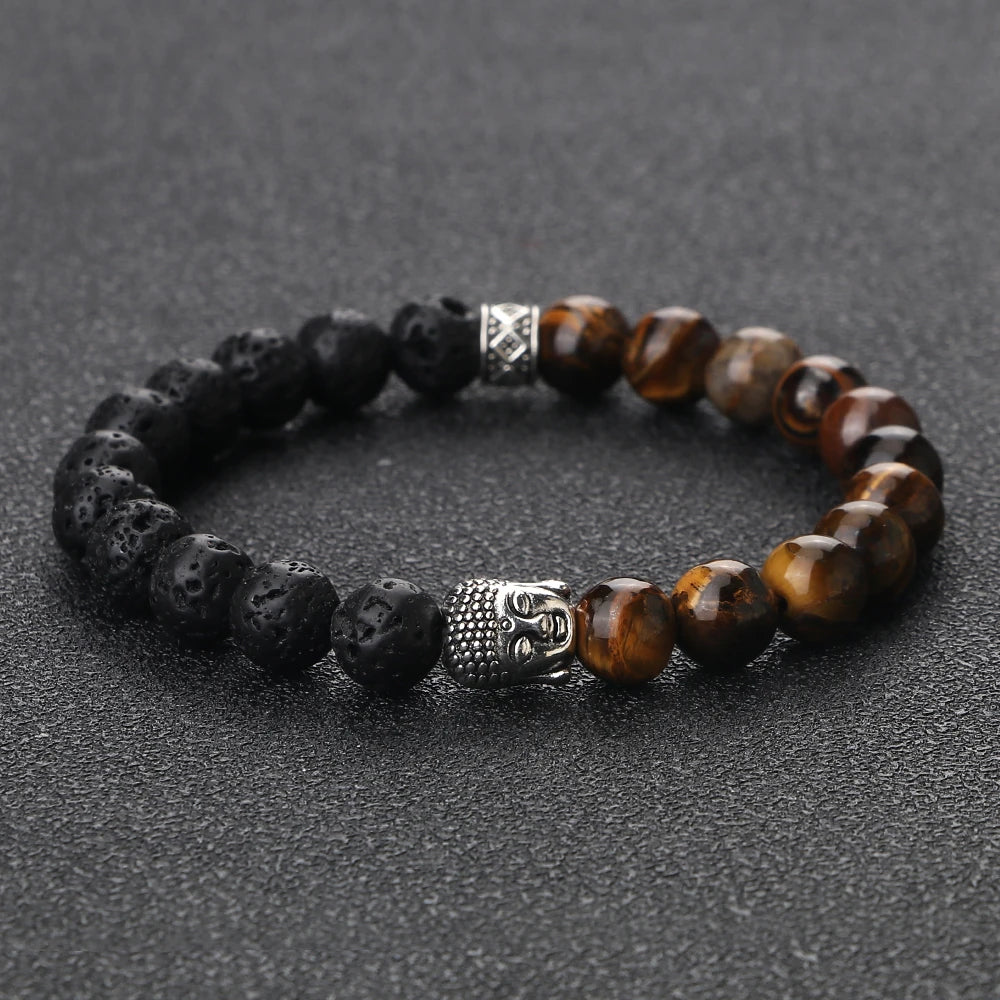 Tibetan Buddha Head Natural Stone Bracelet – 8mm Tiger Eye, Lava & More