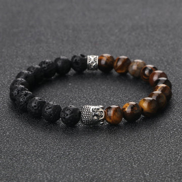 Tibetan Buddha Head Natural Stone Bracelet – 8mm Tiger Eye, Lava & More