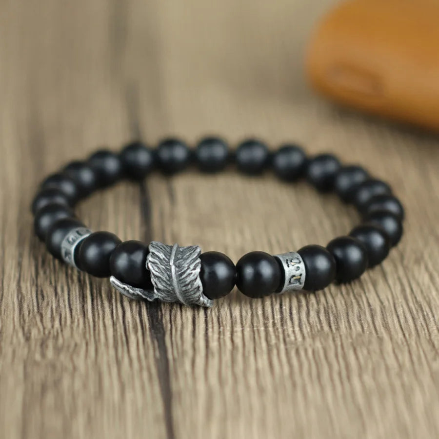 Men's Natural Stone Bracelet | Feather & Sanskrit Mantra | Lava, Onyx & Turquoise