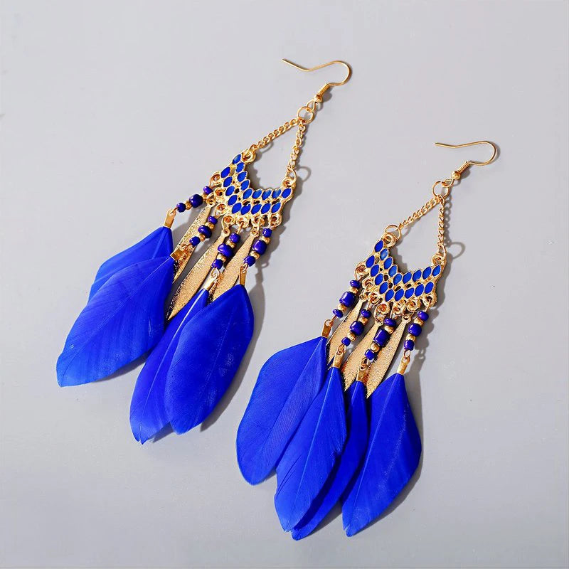 Tinkers Boho Long Feather Dangle Earrings For Women Beach Beads -