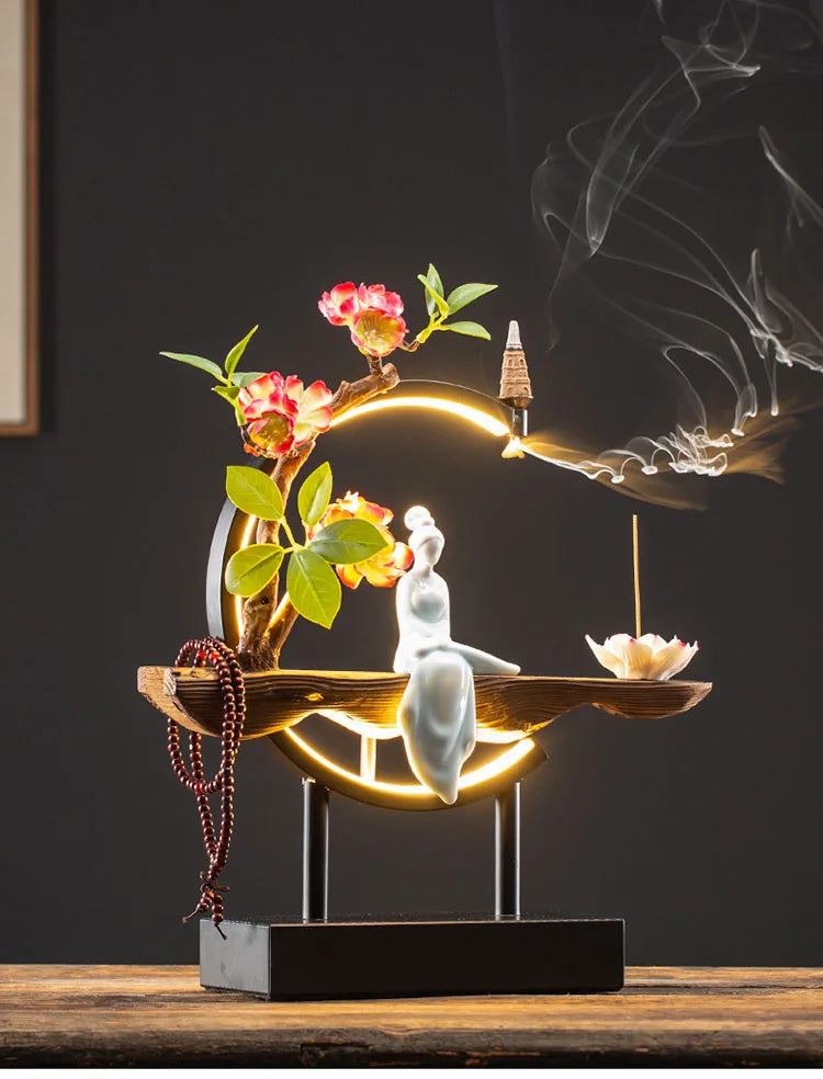 Tinkers Chinese Style Backflow Incense Burner LED USB Ceramic Lotus -