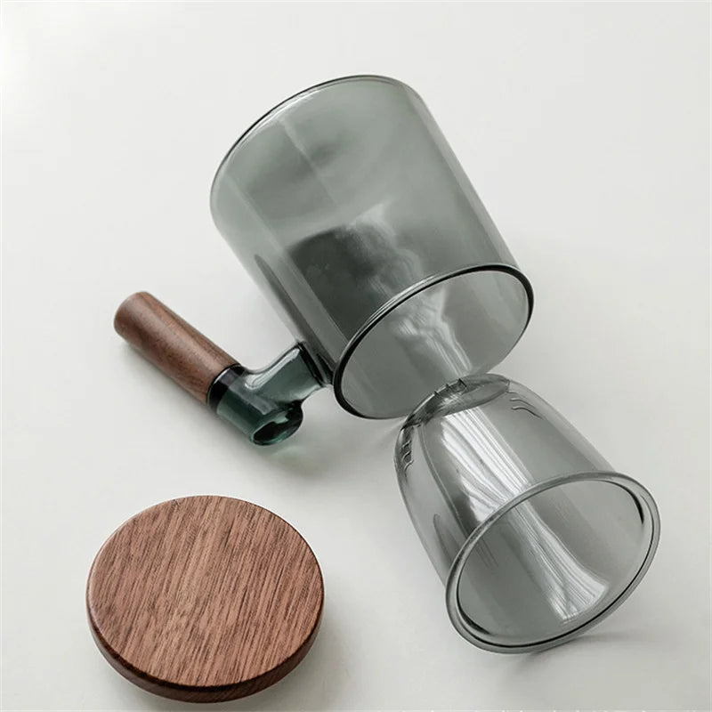 Glass Tea Cup with Walnut Wooden Handle, Lid & Filter — 400ml
