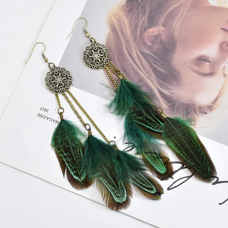 Tinkers Bohemian Feather Earrings For Women Vintage Ethnic Chain -