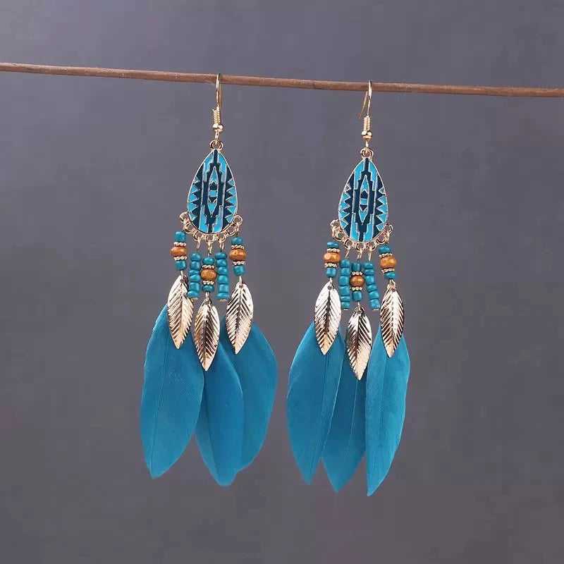 Tinkers Boho Long Feather Dangle Earrings For Women Beach Beads -