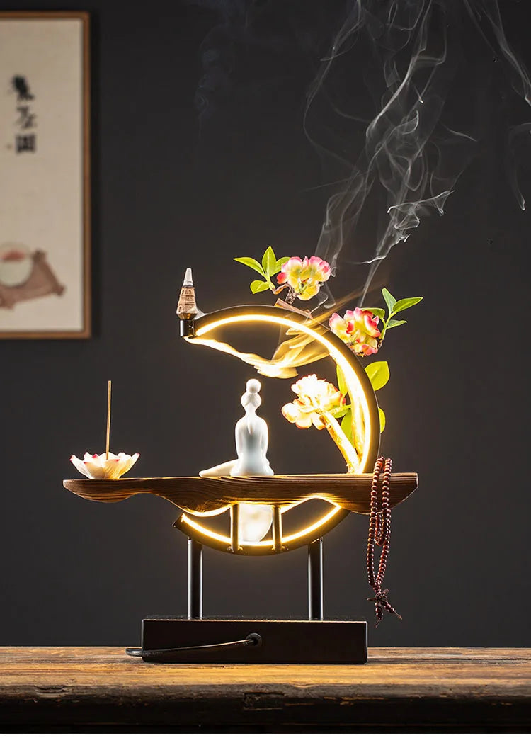 Tinkers Chinese Style Backflow Incense Burner LED USB Ceramic Lotus -
