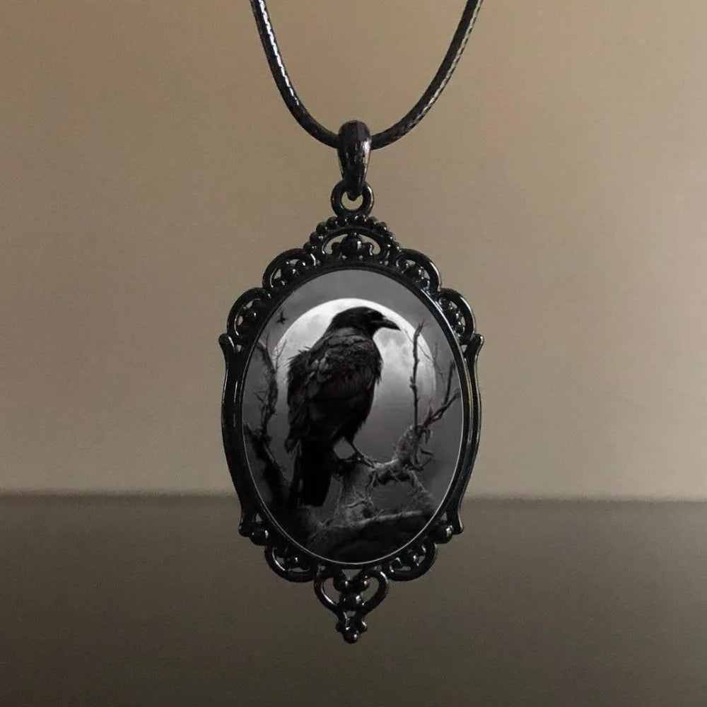 Gothic Retro Dark Oval Lacework Crow Moon Pendant Necklace